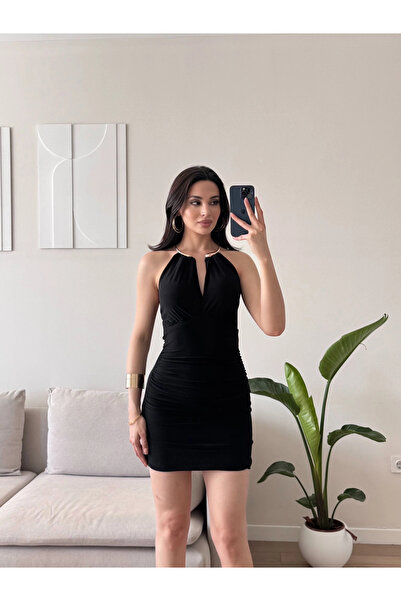 Zoom Butik Boyun Gold Aksesuar Mini Elbise - SİYAH