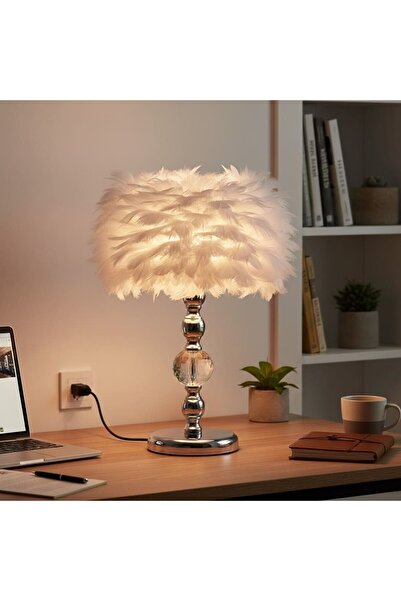 Kardett Lampă de masă cu pene albe și bază argintie cu cristal, lampă de masă decorativă elegantă