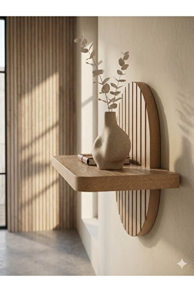 akçehome Aura Ahşap Görünümlü Dekoratif Raf, Dikey Çizgili Oval Raf