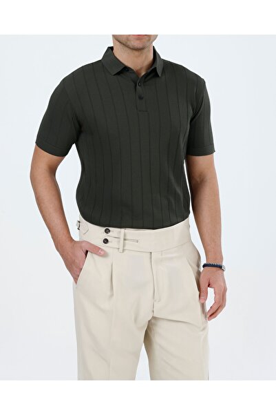 TerziAdemAltun İtalyan stil slim fit polo yaka triko tişört haki T13772