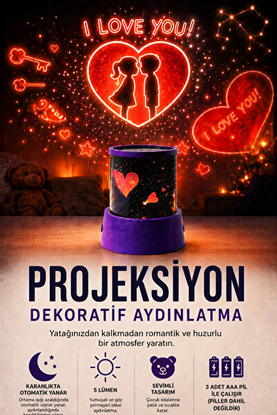 Ecuy Projeksiyon Dekoratif Aydınlatma Kalp Yıldız I Love You Temalı 3D Yansıt...