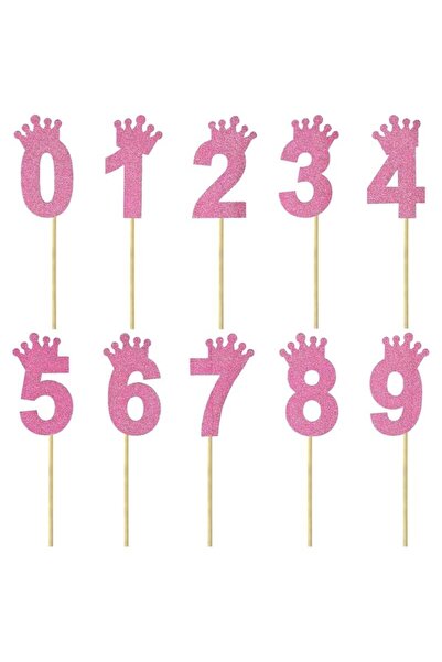 Dizayn Parti Evi Pembe Taçlı Simli Rakam Pasta Süsü 0-9 Yaş Kürdanlı Eva Past...
