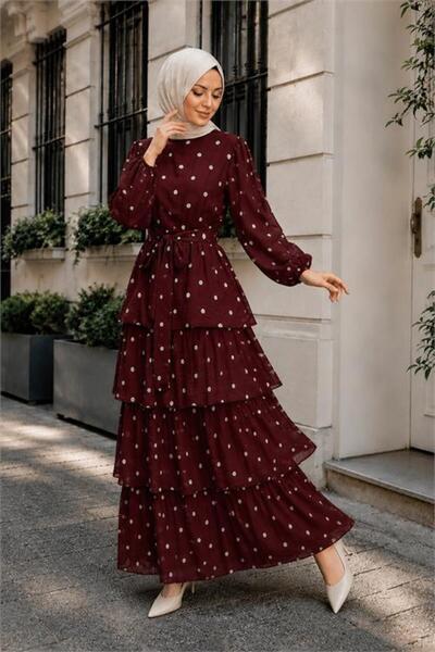 Neşeli Butik Γυναικείο μπορντό φόρεμα με πολλαπλές στρώσεις, πουά σχέδιο, με ...