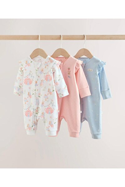Next Baby Pamuklu Pembe Çiçek Desenli 3'lü Tulum Set