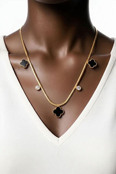 LYKOS Steel Gold Necklace with Black Clover and Single Stone Detail - Stylish...