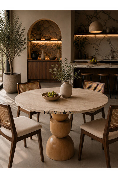 ESİLA MARBLE Doğal Traverten Yuvarlak Yemek Masası – Ahşap Ayak Tasarımlı Mod...