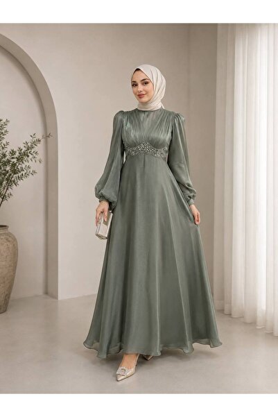 Chois&Chois TESETTÜR Bel Detay Taşlı Tesettür Abiye Elbise