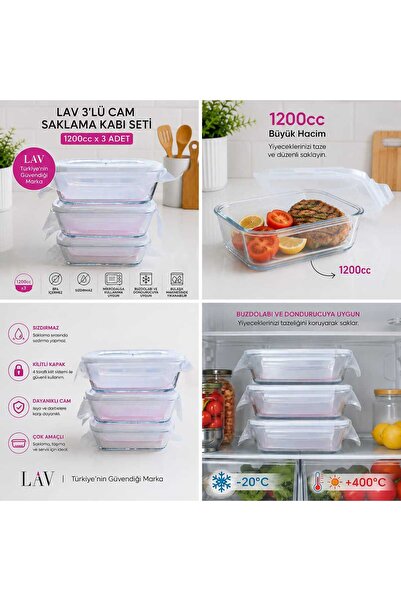 akdenizhome 3’lü Cam Saklama Kabı Seti 1200 cc | Kilitli Kapaklı Borosilikat ...