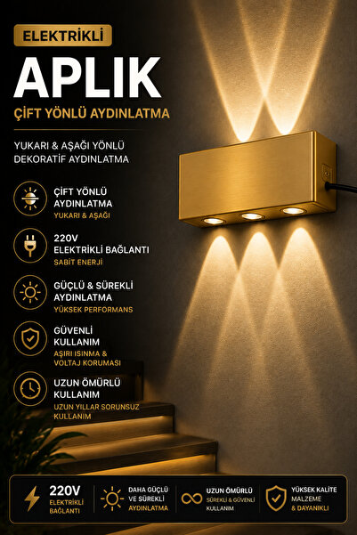 luxshome Gold Kasa Elektrikli Çift Yönlü LED Aplik Modern Dekoratif Duvar Ayd...