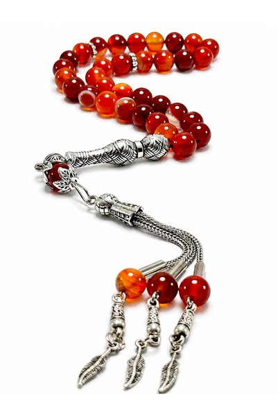 Deniz Elmasları Natural Agate Stone Prayer Beads with Silver Color Metal Tass...