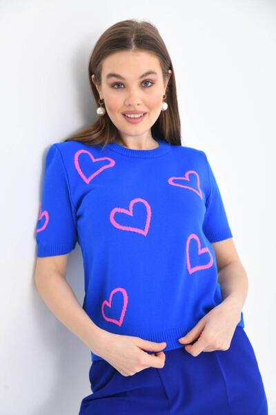 fuşyha butik Women's Crew Neck Heart Patterned Knitwear Sweater