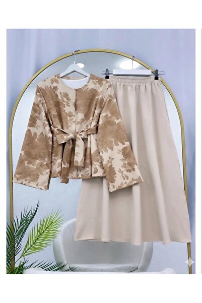 modasindoma Single Button Belted Skirt Suit Beige