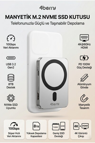 4 Berry Manyetik M.2 NVMe Telefon SSD Kutusu 10Gbps USB-C Telefon, Tablet ve ...