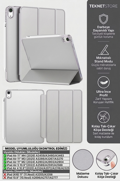 TEKNETSTORE iPad Air 11" M4 M3 M2 Uyumlu Kılıf Ultra İnce Standlı Akıllı Uyku...