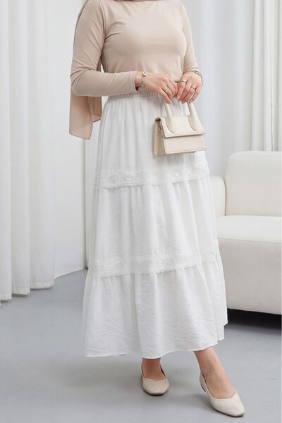 Modamorfo Elastic Waist Lined Voile Skirt with Stone and Lace Detail -White
