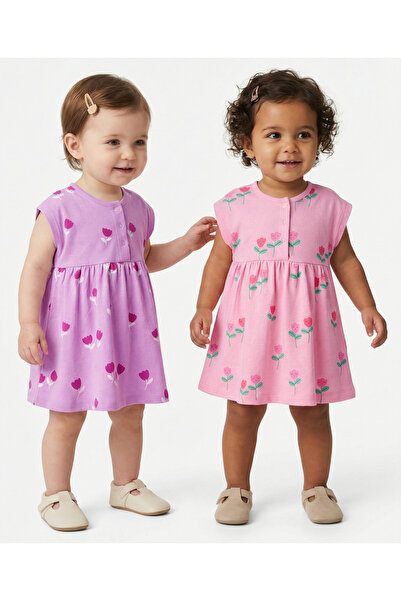 Bonfino 100% Cotton Floral Printed Dresses (Pack of 2) - Purple and Pink