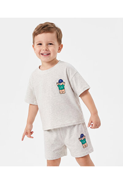 SAPS Cartoon Figure Printed Short Sleeves T-Shirt and Shorts Co-ords Set - Grey