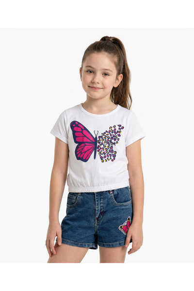Ollington St. 100% Cotton Half Sleeves Top & Denim Shorts Set with Butterfly ...
