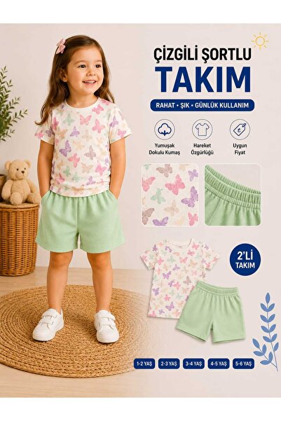 Kinlee Kız Çocuk Çizgili Şortlu Takım Kelebek Desenli Yazlık 2’li Takım