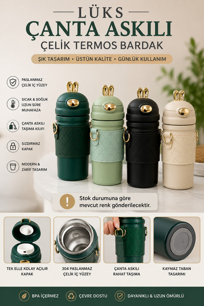 Welora Lüks Çanta Askılı Çelik Termos Bardak – 304 Paslanmaz Çelik, Sıcak & S...