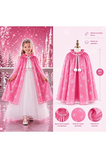 RELATOS Kar Tanesi Desenli Pembe Elsa Pelerini - Astarlı Frozen Pelerini 85 cm