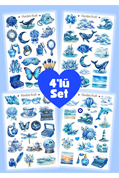 Handeto Kraft 4'lü Blue Aesthetic Sticker Set, Çıkartma, Scrapbook, Bullet Jo...