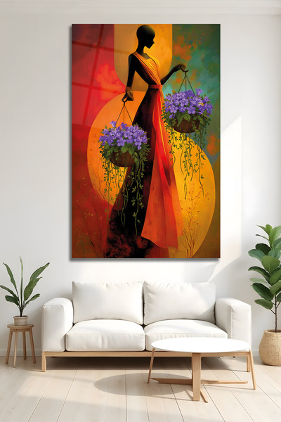 AltmışAltı Modern Afrikan Kadın ve Mor Çiçek Temalı Temperli Bohem Stil Duvar...