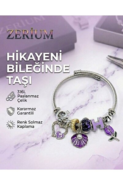 ZERİUM Modern Çelik Şık Kadın Charm Çelik Bileklik Kalp İstiridye ve Çiçek