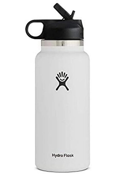 Arabest Sport Water Bottle 32 oz, White, Wide Mouth & Straw Cap, Leakproof