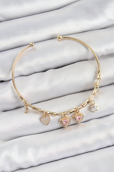 callerrons accessories Brass Zircon Stone Pink Heart Model Gold Color Charm B...