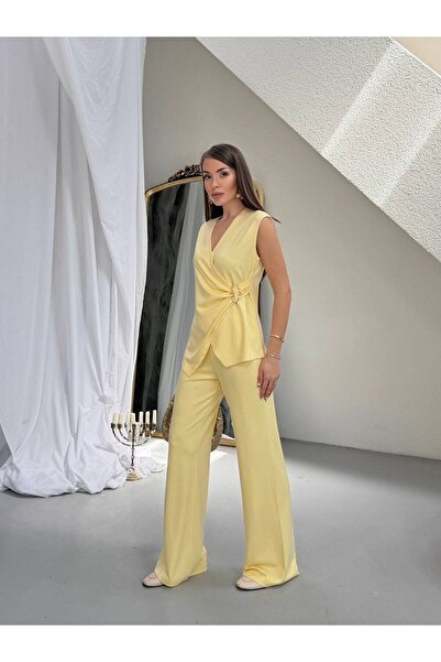 timagna Ženski set: bluza sa V-izrezom i kopčom, široke pantalone, gornji i d...
