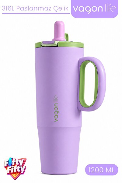 Vagonlife Tumbler 1200 ML Tek Kapak Çift Kullanım Pipetli Rahat İçim Kulplu P...