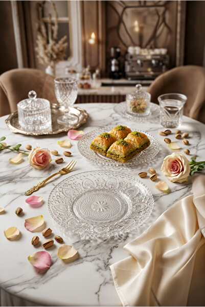 zafirax Desenli Cam Tatlı Tabağı Şeffaf Sunum Tabağı 6’lı Set