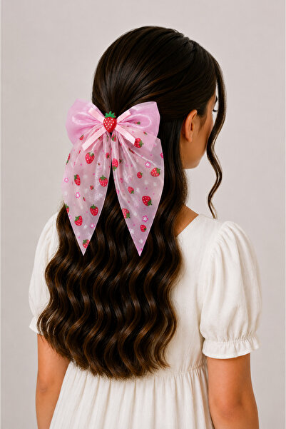 MakeWell Girl's Pink Strawberry Patterned Bow Clip Hairpin Organza Tulle Ribb...