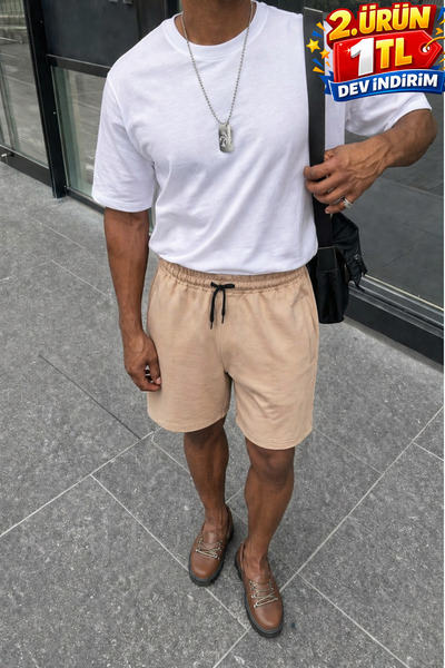 DAMGA JEANS Ανδρικό σορτς Premium Jogger Relax Fit σε μπεζ χρώμα, κοντό, χτεν...