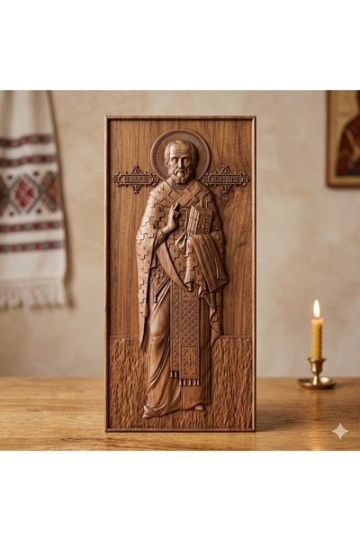 OEM Icon carved in oak – Saint Hierarch Nicholas – 30 x 14 cm