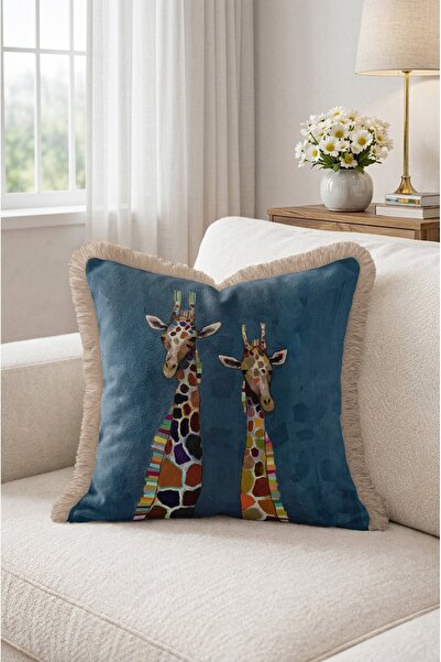 IdeCraft Petrol Ground Colorful Two Giraffe Patterned Fringed Throw Pillow Co...