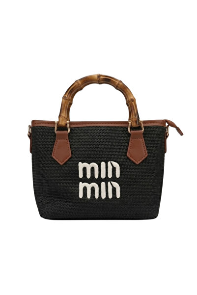 MİN & MİND Natural Straw Beach Bag - Stylish Summer Tote with Bamboo Wood Handle