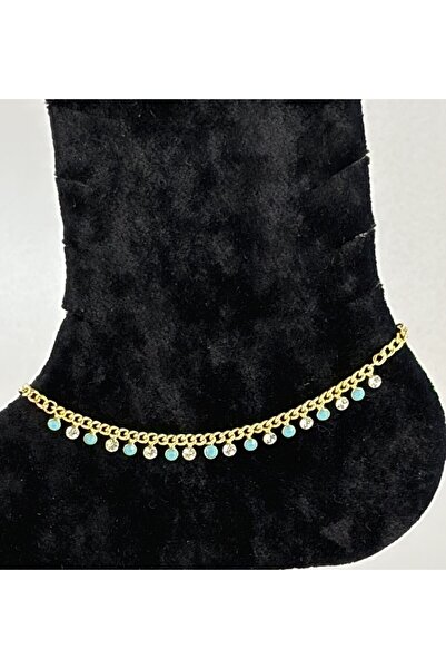NOLA ACCESORIES Turkuaz Taş Detaylı Gold Renk Çelik Halhal | Kararma Yapmaz Z...