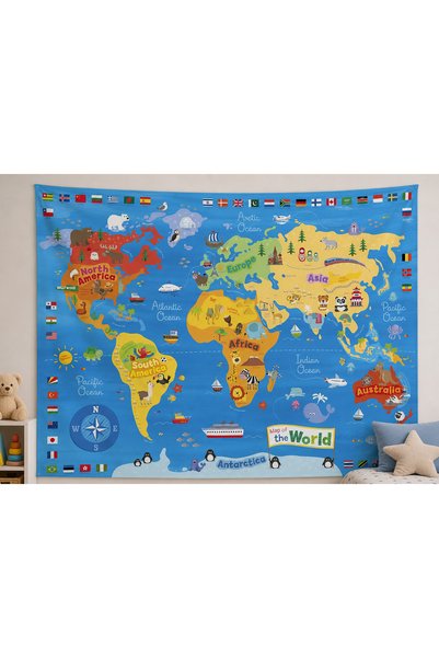 Vagonik Montessori Children's Room Educational World Map Wall Covering Quality Fabric
