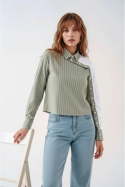 MAMAYAGA Women's Special Design Collar Buttoned on the Sleeves Double Color C...