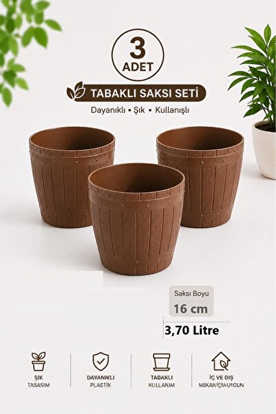 GÜZELYÜZ AVM 3 Adet Ahşap Desen Saksı | Tabaklı Saksı Seti 3,70 Litre Kahvere...