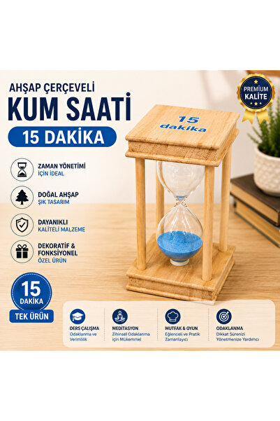 1DepoBu Ahşap Çerçeveli 15 Dakikalık Kum Saati Dekoratif Masa Saati Zamanlayıcı