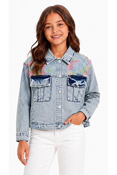 İrem Çocuk Giyim Girl's Blue Color Denim Jacket with Floral Detail on the Fro...