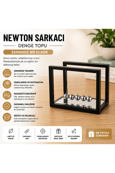 1DepoBu Büyük Boy Newton Sarkacı Denge Topu Aynalı Dekoratif Masaüstü Ofis Ak...