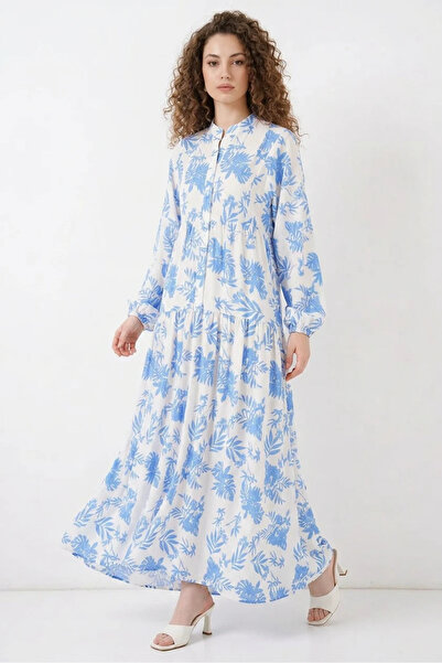 buğrahayalin Women's Authentic Patterned Viscose Ice Blue Hijab Dress