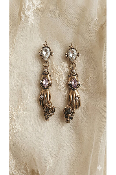 MIRADA JEWELRY The Skeleton Hand Mor Taşlı Gotik Tasarım Küpe