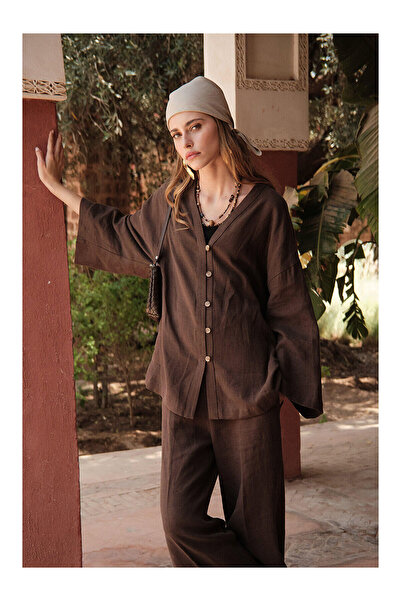 LC Waikiki Nevavm Buttoned Linen Shirt with Difference in Color Bitter Brown