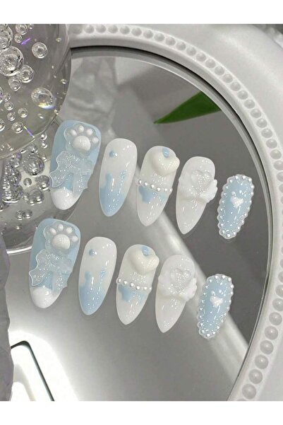choice2 SJ0138-XS 10 قطع أظافر صناعية يدوية الصنع باللون الأزرق بتصميم فيونكة...