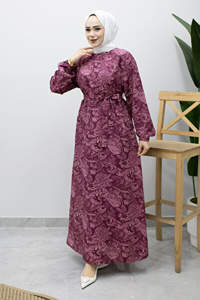 Tesettür Dünyası Crew Neck Shawl Patterned Dress Tsd260208 Plum